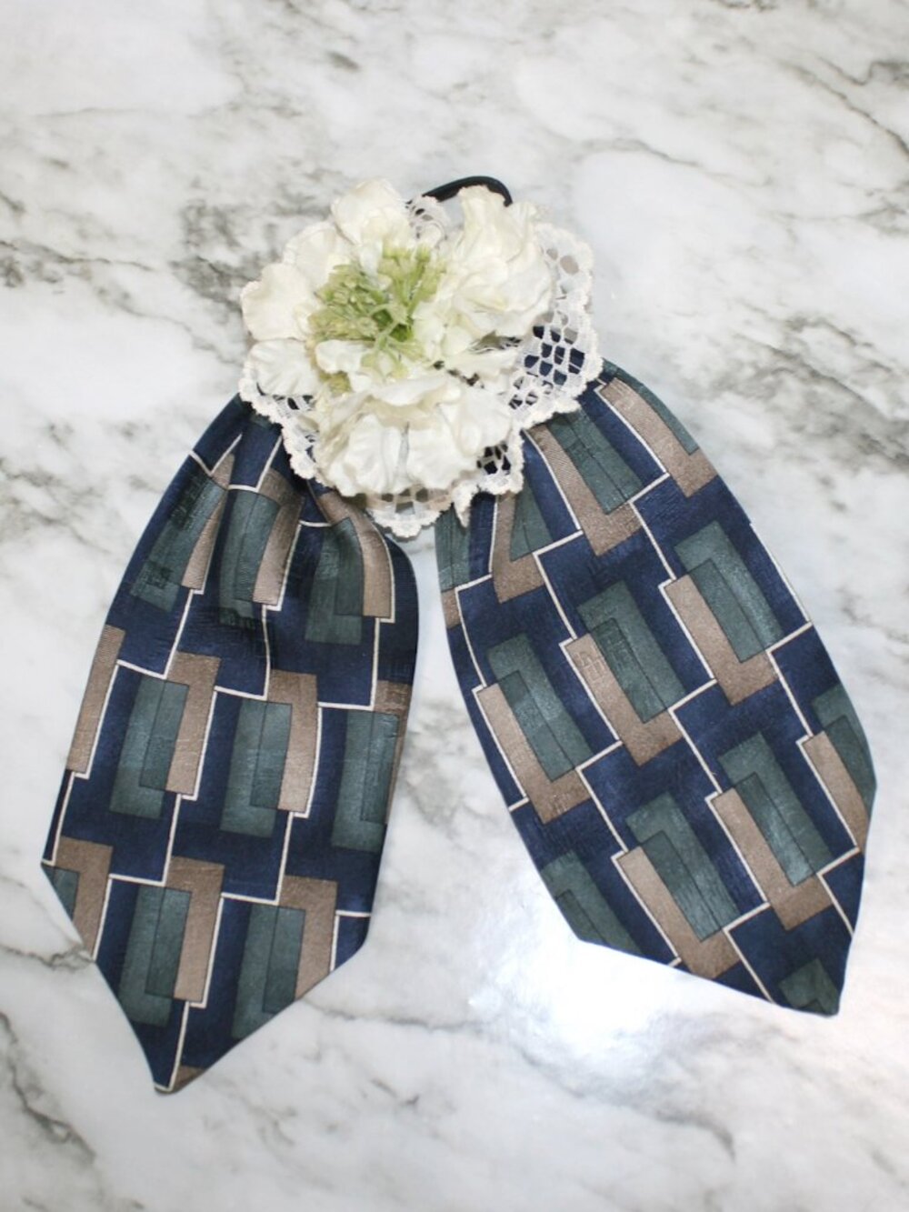 HAND CRAFTED Hair Scrunchy Bow Floral Upcycled Men's Silk Necktie Teal Blue